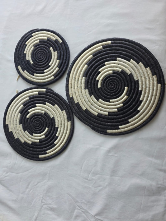 Handwoven Rwandan Sisal Flats & Wall Arts - 3pc (set) - Black and White