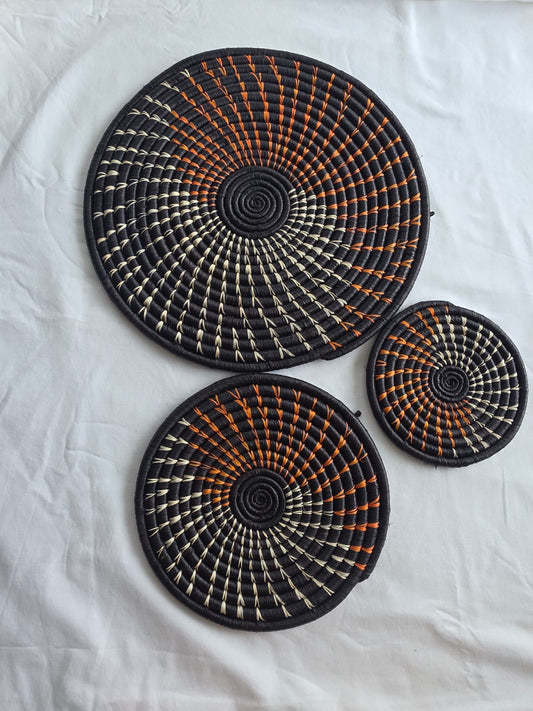 Handwoven Rwandan Sisal Flats & Wall Arts - 3pc (set) - Black and Orange